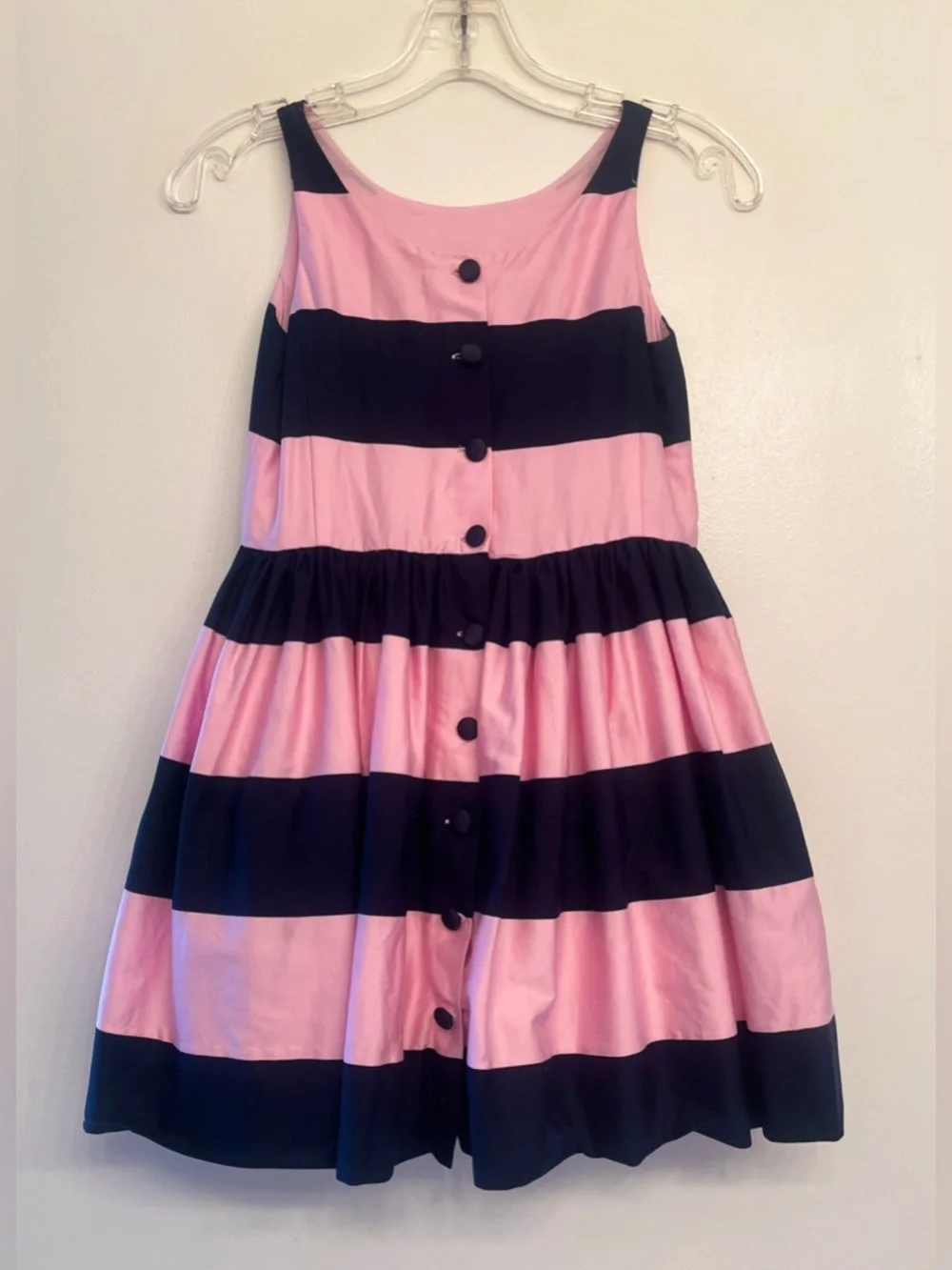 Ralph Lauren sleeveless dress features wide navy and pink horizontal stripes